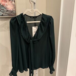 Zara Dark Green Tie-Neck Blouse